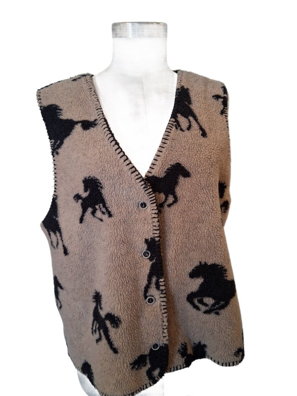 Coldwater Creek Tan/Black Running Horses Sherpa Fleece Vest XL
